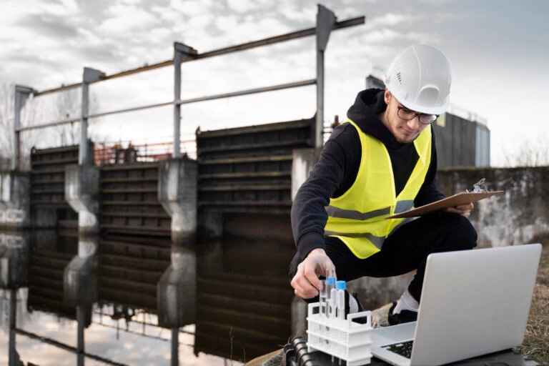 full shot engineer with laptop outdoors