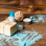 high angle hygiene products with wooden background
