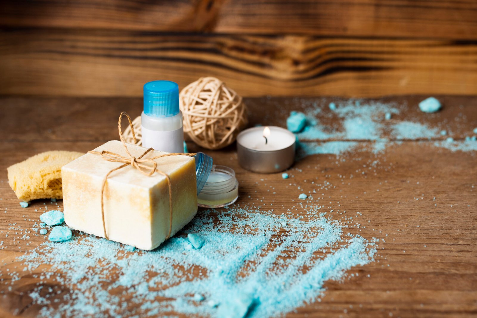 high angle hygiene products with wooden background scaled